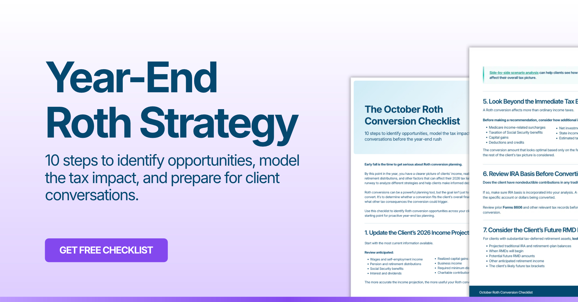 Year-End Roth Strategy header banner for financial advisors featuring preview pages of The October Roth Conversion Checklist