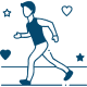 A man sprinting on a track, surrounded by whimsical hearts and stars, symbolizing joy and energy in motion.