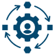 A blue gearwheel featuring arrows, with a person positioned inside, symbolizing movement and collaboration.