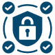A blue shield featuring a lock and check marks, symbolizing security and verification.