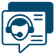 A blue speech bubble featuring a person wearing a headset, symbolizing communication or customer support.