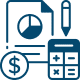 Calculator, pen, and paper icon representing tools for calculations and note-taking in a concise format.