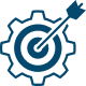 A gear wheel with an arrow indicating its direction, symbolizing movement or progress in a mechanical context.