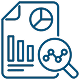 A blue line icon depicting a document with a magnifying glass and a graph, symbolizing analysis or research.