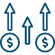 Three arrows, two pointing up and one down, with dollar signs, symbolizing financial trends or market fluctuations.