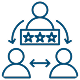 Blue line icon depicting two people beside a star, symbolizing teamwork and achievement.