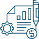 A blue line icon depicting a document with a pen and a dollar sign, symbolizing financial documentation or contracts.