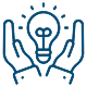 A blue line icon depicting two hands holding a light bulb, symbolizing ideas or innovation.