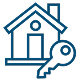 A house illustration featuring a key and a key icon, symbolizing home ownership or security.
