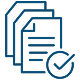 A blue line icon featuring a document with a check mark, symbolizing approval or completion of a task.
