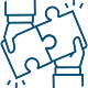 A blue line icon depicting two hands holding a puzzle piece, symbolizing collaboration and problem-solving.