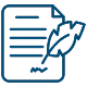 Blue outlined document with a feather quill, symbolizing writing or creativity.