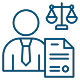 A simple icon representing a lawyer, featuring a gavel and scales of justice.