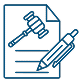A judge's gavel and pen icon, symbolizing legal authority and decision-making in a courtroom setting.