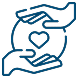 A blue line icon depicting two hands gently holding a heart, symbolizing care and compassion.