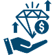 A hand holding a diamond alongside a dollar sign, symbolizing wealth and luxury.