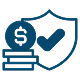A shield featuring a dollar sign and a check icon, symbolizing financial security and approval.
