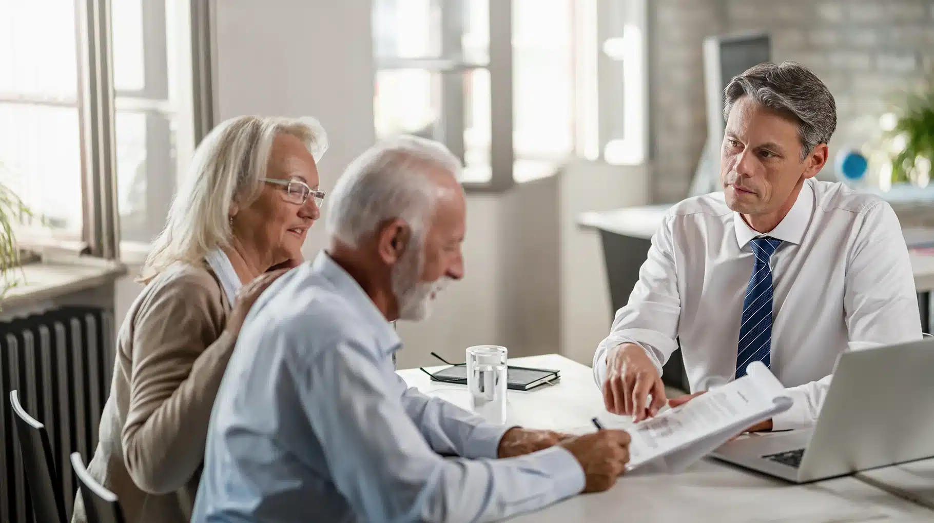 A businessman in a white shirt and blue tie consults an elderly couple over documents in a bright office. The atmosphere is serious and attentive.