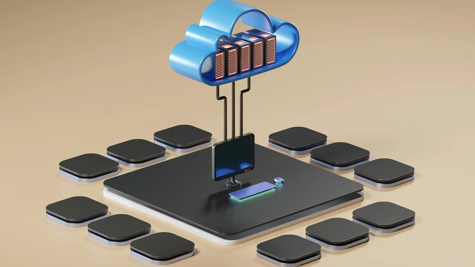 A cloud computing device with a computer placed on top, illustrating modern technology integration.