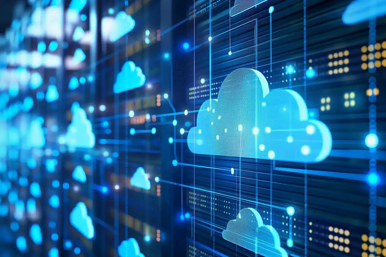 Cloud computing symbolizes the future of data storage, showcasing digital networks and servers in a modern design.