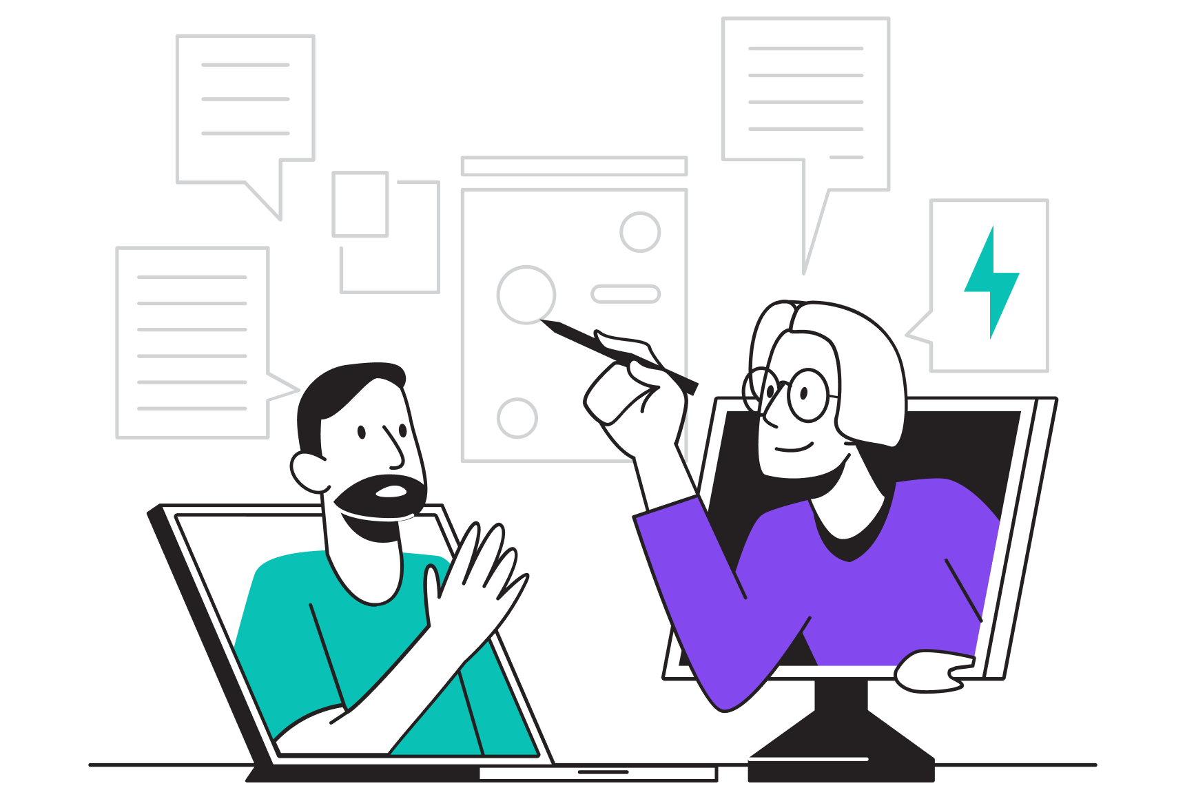 A man and woman are seated at a computer, engaged in conversation while looking at the screen.