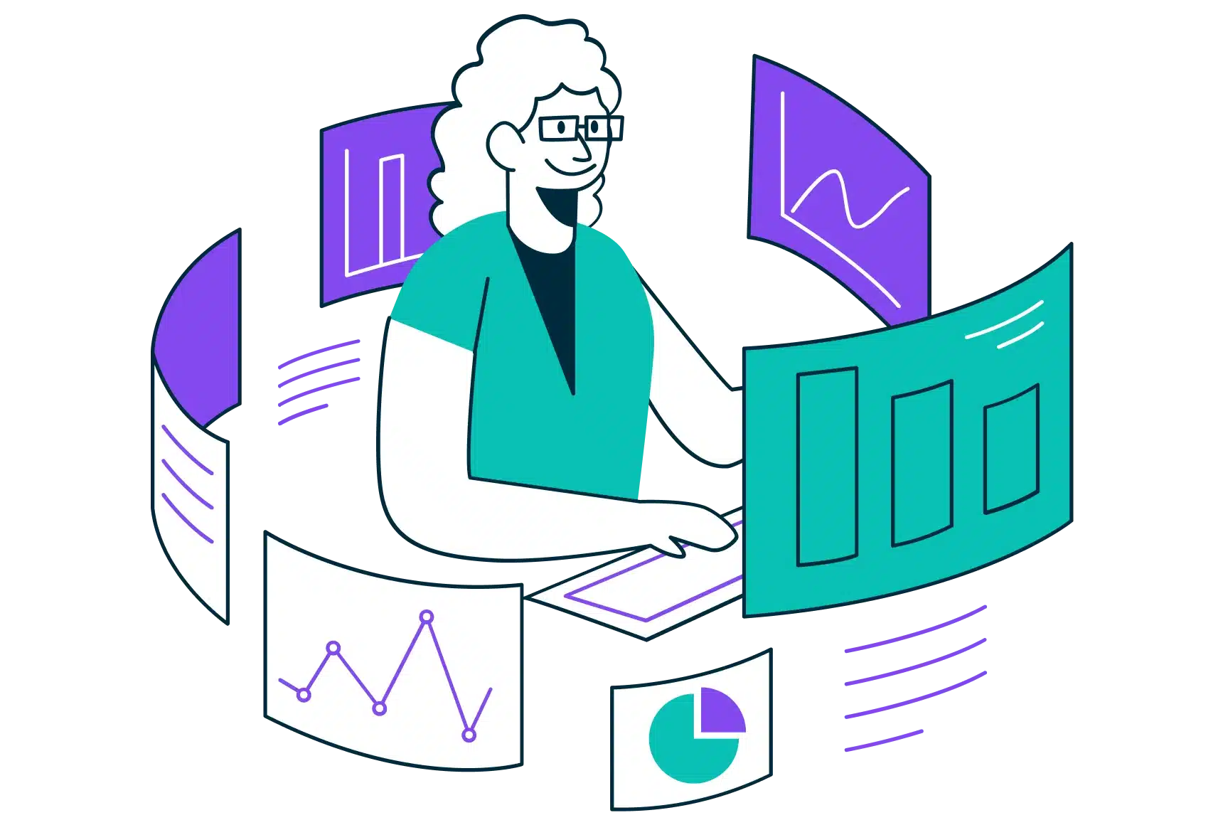 A woman analyzes data on a computer, focusing on graphs and charts displayed on the screen.