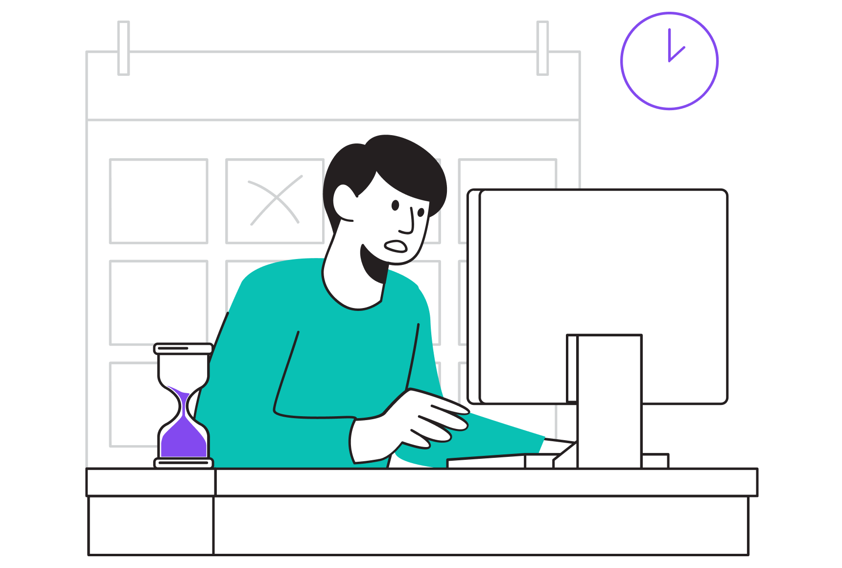 A man works on a computer, focused, with a clock visible in the background indicating the time.