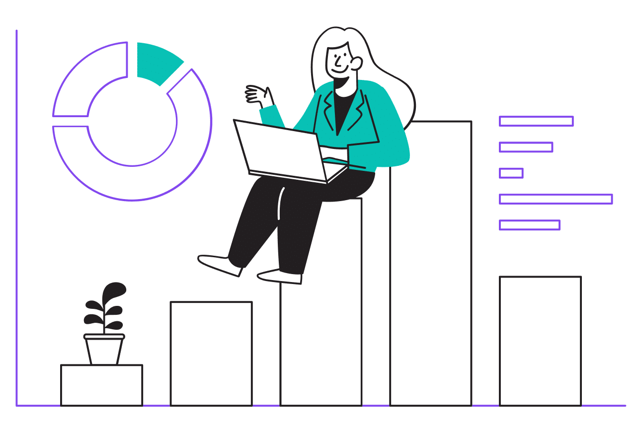 A woman sitting on a laptop, analyzing data displayed on a graph chart.