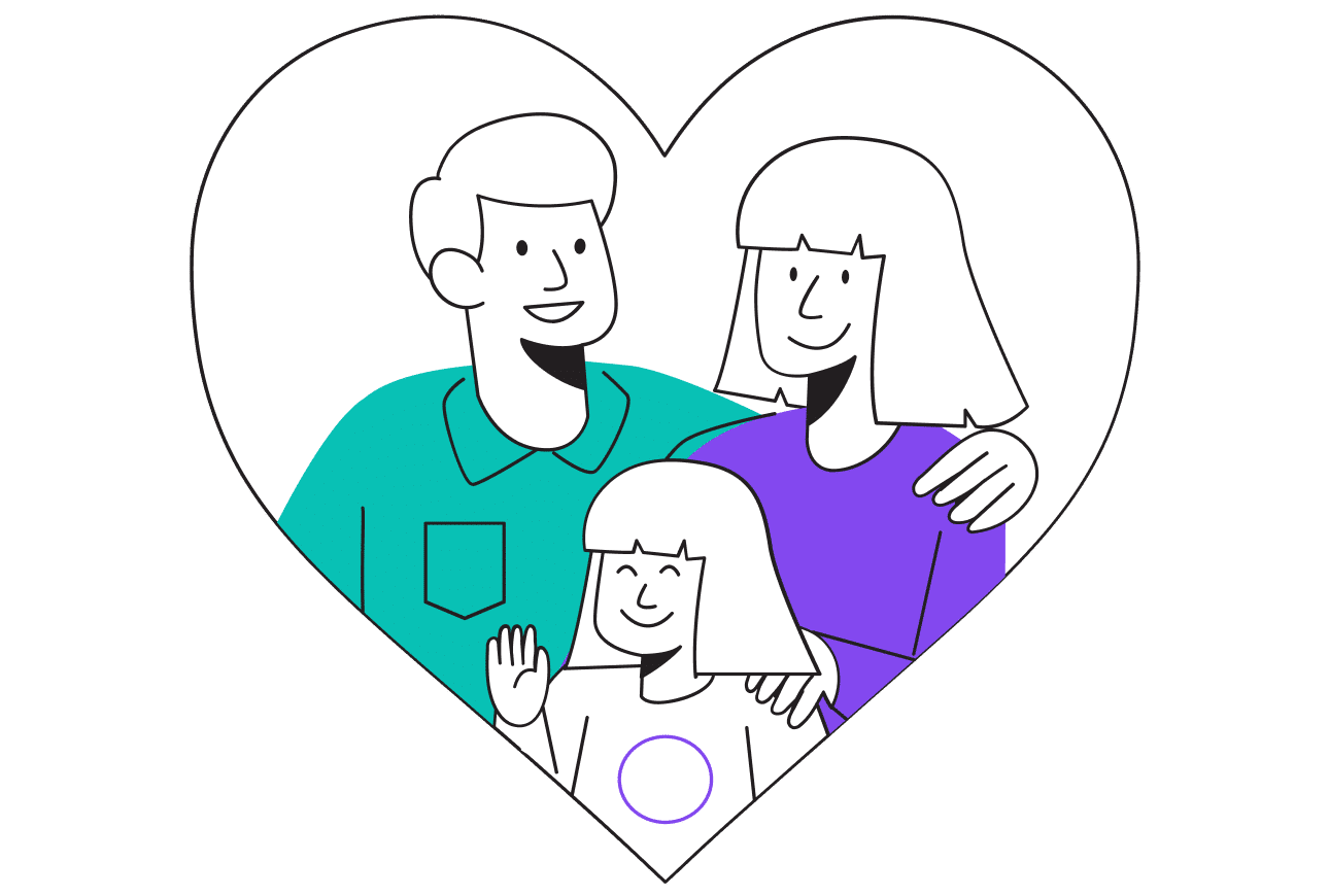 A cartoon family inside a heart shape, symbolizing love and togetherness.
