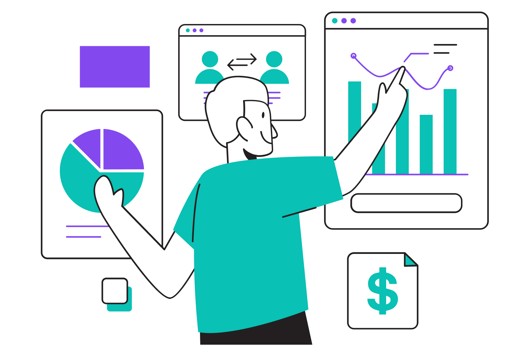 A man points at a chart displayed on a screen, highlighting key data points for discussion.