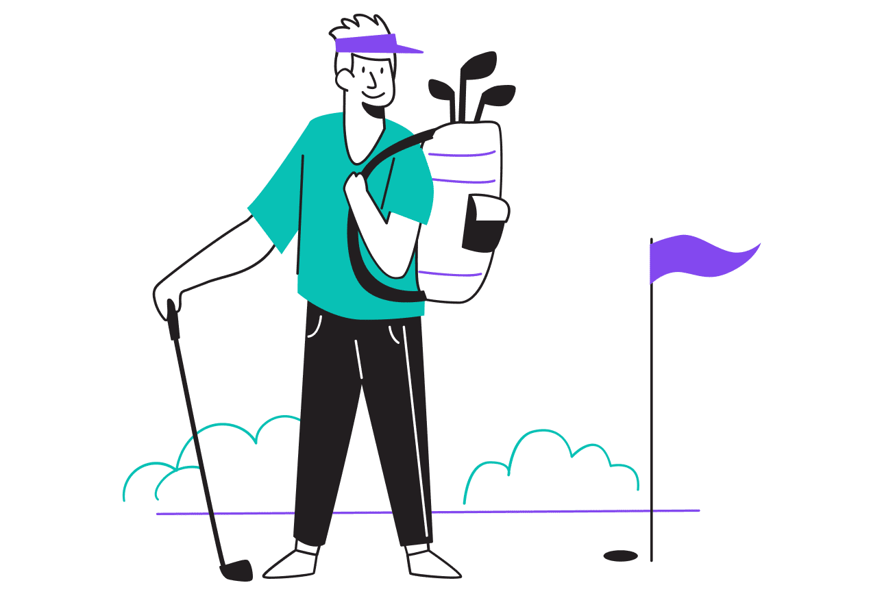 Golf man holding a club beside a golf bag, depicted in a vector illustration style.
