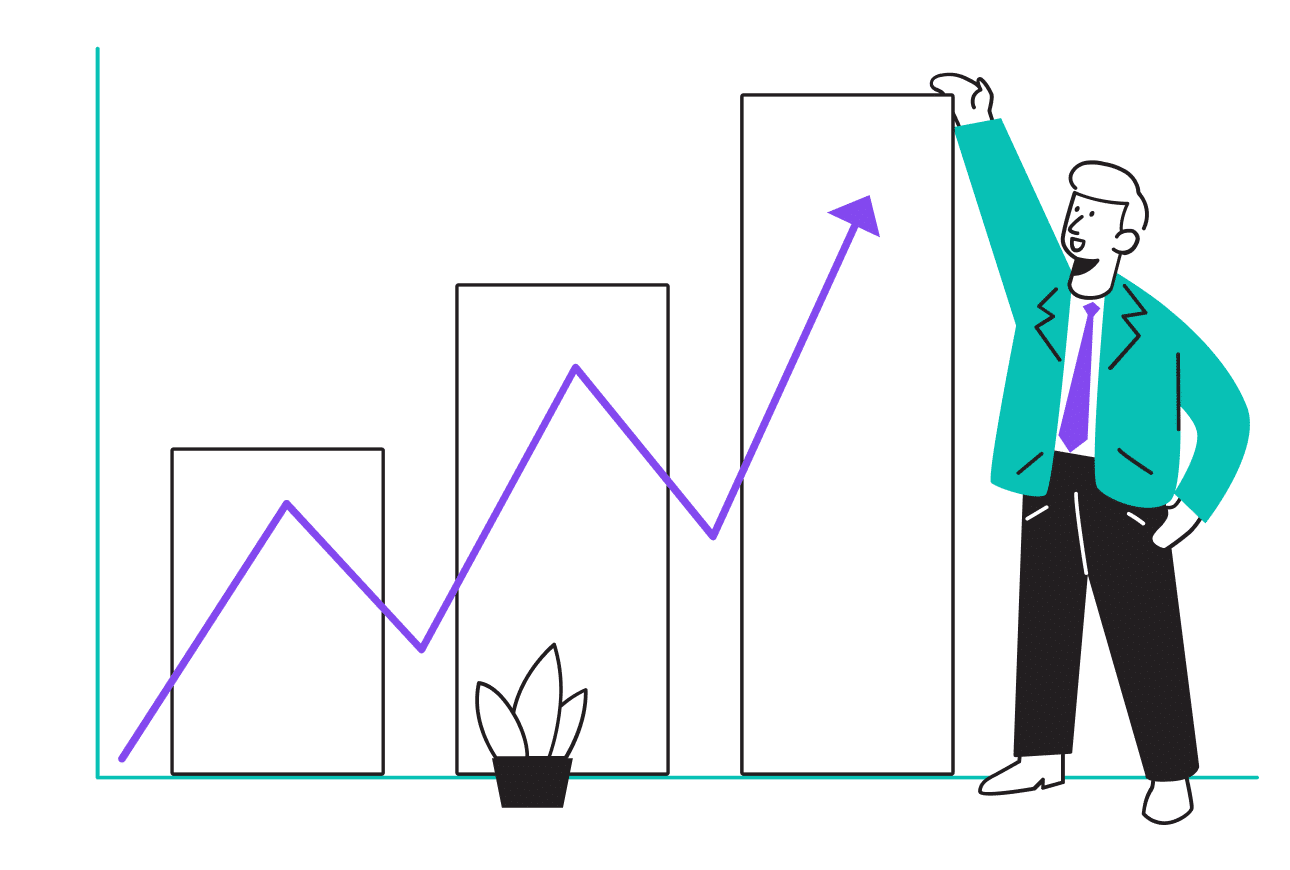 A man points to a chart displaying an upward arrow, indicating growth or improvement in data trends.