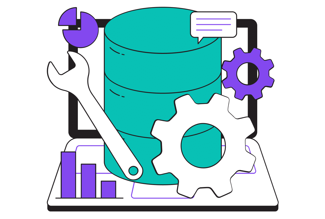 A laptop next to a data storage device and a gear, symbolizing technology and data management.