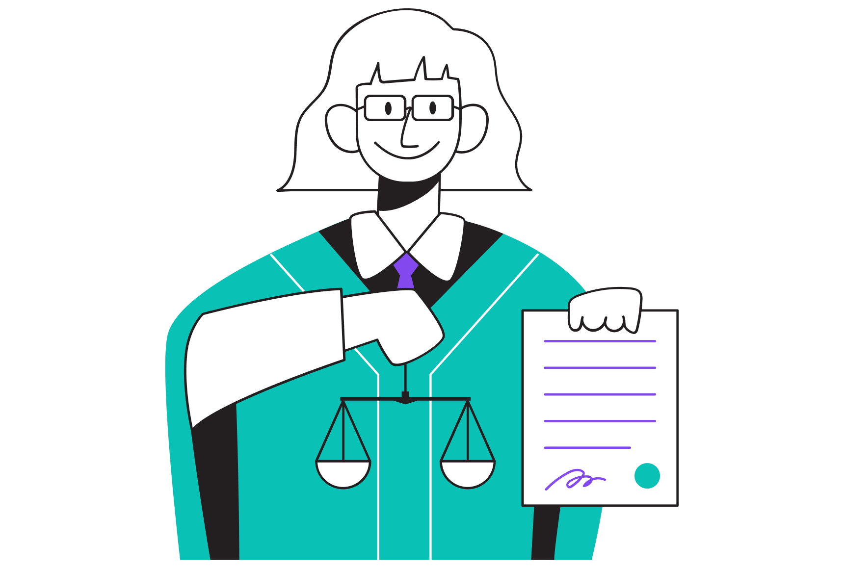 A cartoon judge holding a paper with scales, symbolizing justice and fairness in a courtroom setting.
