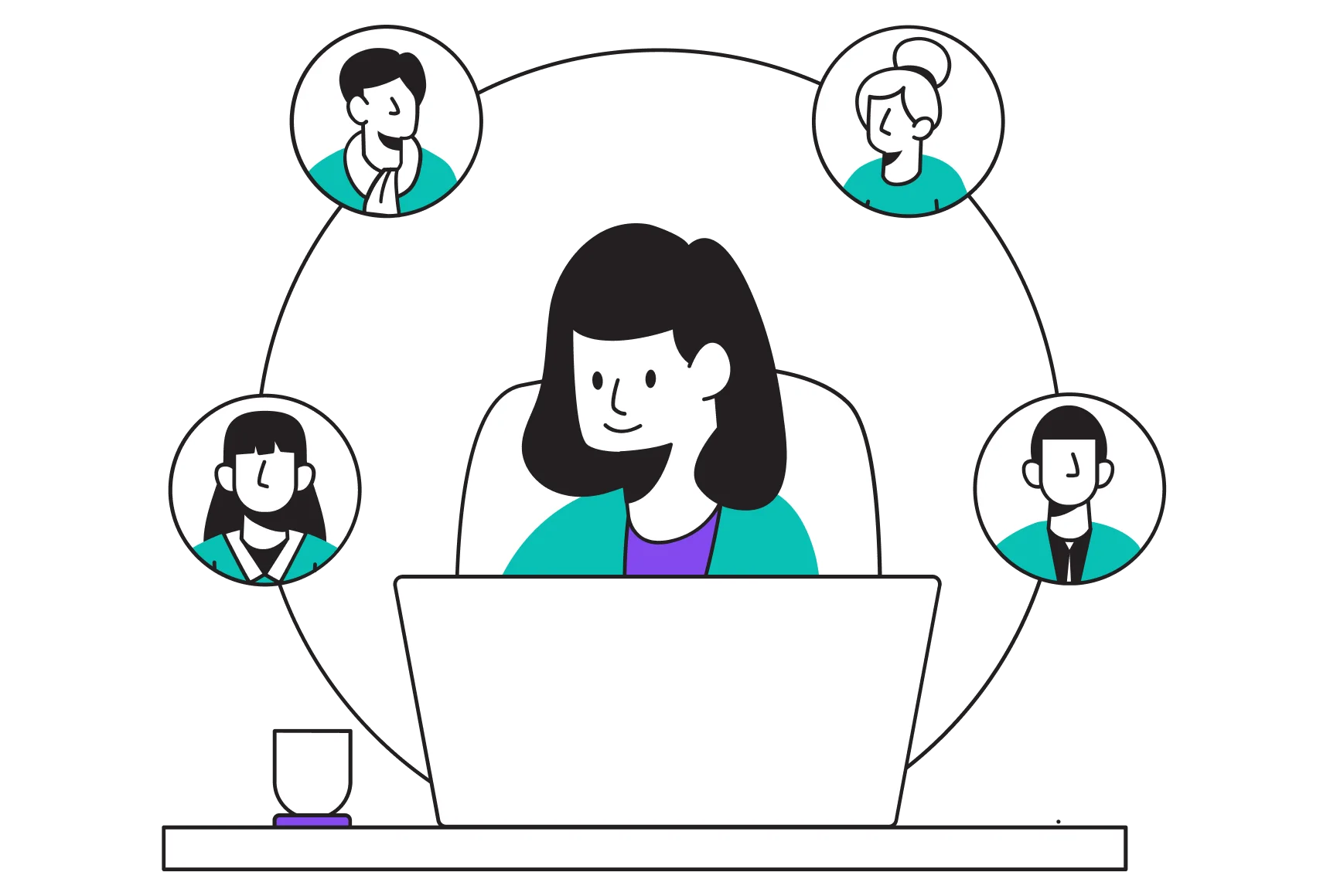 A woman at a desk with a laptop, engaged in discussion with a group of people around her.