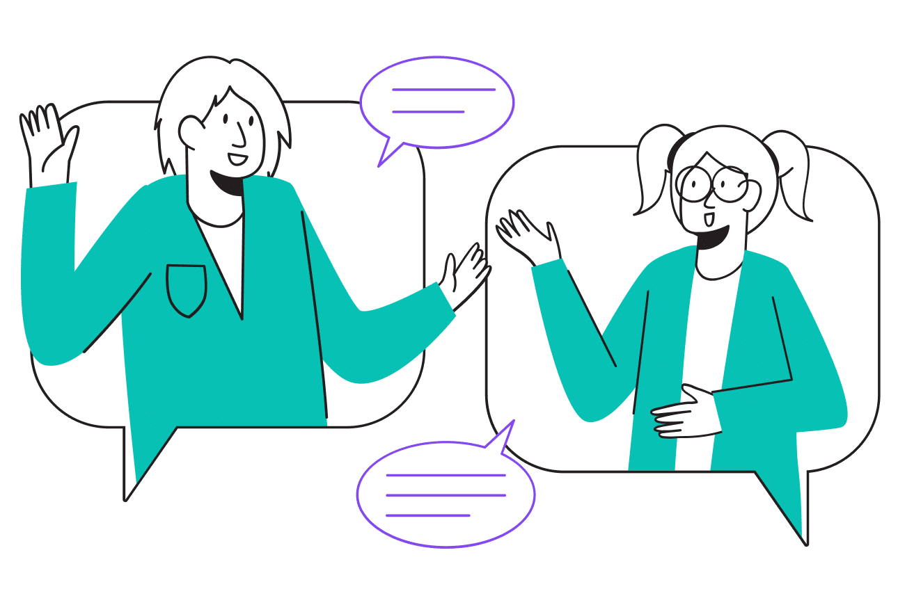 Two people engaged in conversation, represented by overlapping speech bubbles.