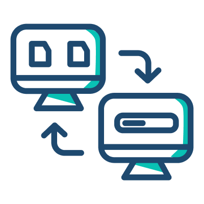 Two computers connected by a arrows, indicating a network or data transfer between them.
