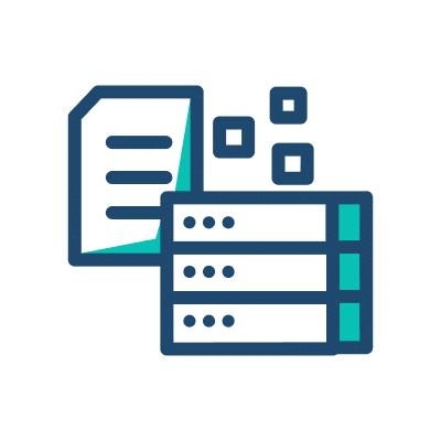 A server with a file placed on top, indicating data storage or transfer functionality.