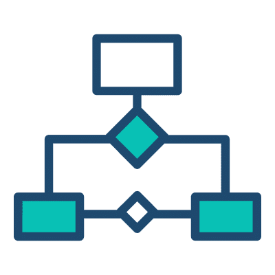 Blue and green icon representing a process, featuring interconnected elements symbolizing workflow and progression.