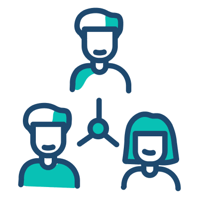 A group of people standing in a circle with a clock icon above them, symbolizing time management or teamwork.