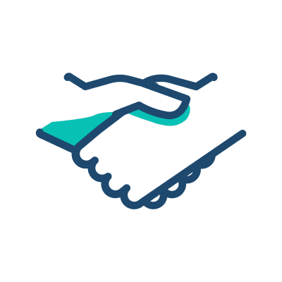 A hand shaking against a green and blue background, symbolizing agreement or partnership.