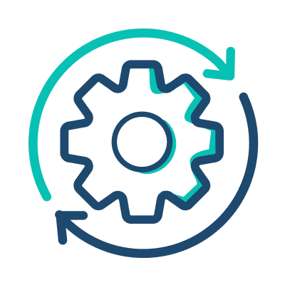 A gear wheel surrounded by arrows indicating movement or direction.