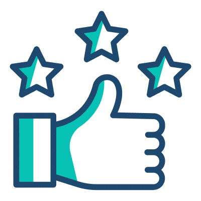 Thumbs up icon accompanied by five stars, symbolizing high approval or excellent rating.