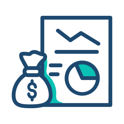 A money bag next to a paper displaying a graph, symbolizing financial analysis or budgeting.