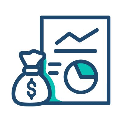 A money bag next to a paper displaying a graph, symbolizing financial analysis or budgeting.