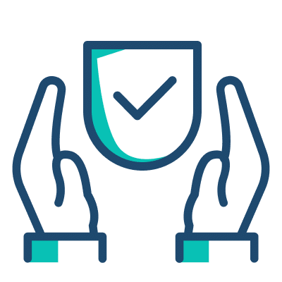 Two hands holding a shield featuring a prominent tick mark, symbolizing protection and approval.