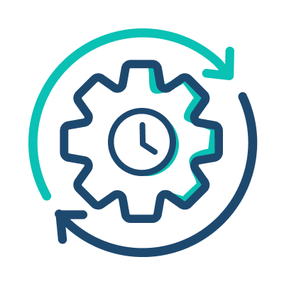 Clock and gears icon on a black background, symbolizing time and mechanics.