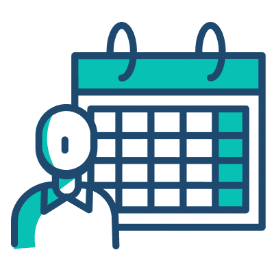 A calendar icon with a person standing in front, symbolizing scheduling or planning activities.