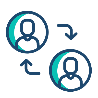 Two people are interconnected by a circle with arrows indicating mutual exchange or communication between them.
