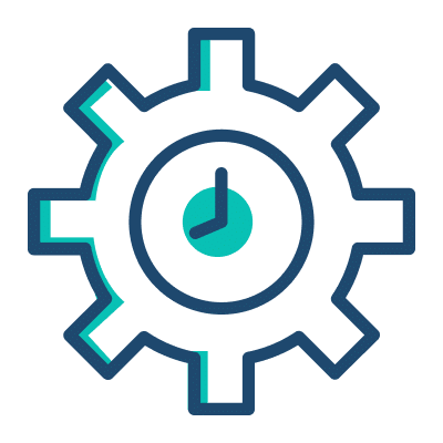 Clock icon integrated within a gearwheel, symbolizing time management and mechanical precision.